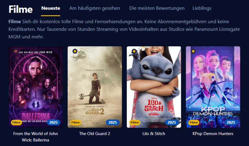 Bildschirmfoto der Kinokiste Seite im Retro Stil mit grünem Text auf dunklem Hintergrund